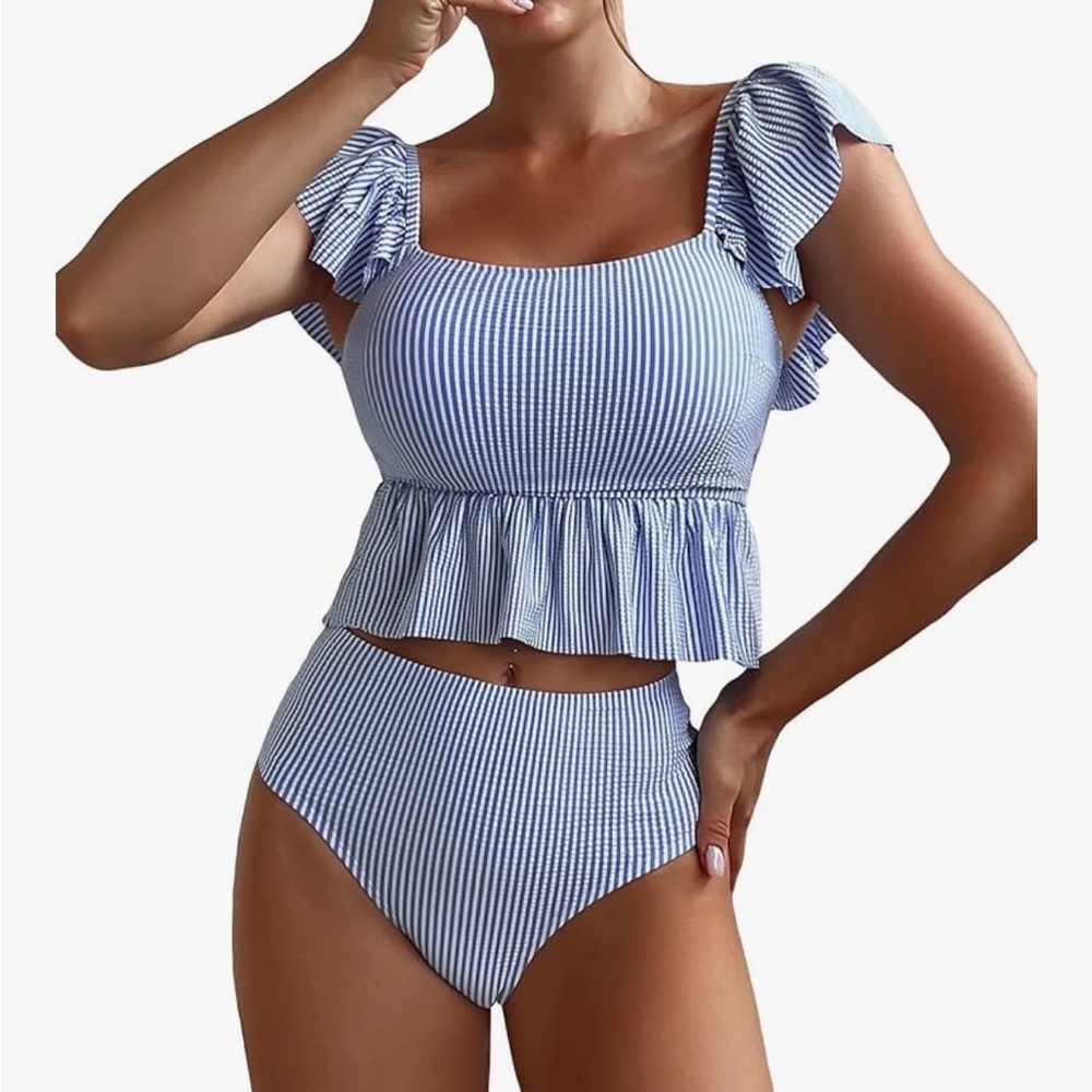 Blue Striped Women's 2 piece Swim Set